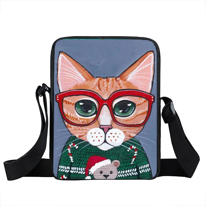 Coffee Cat Messenger Bag Animal Print Girls Bookbag Crossbody Handbag