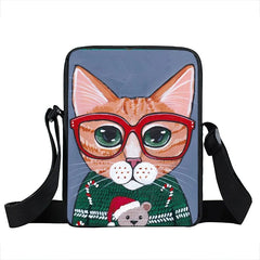 Coffee Cat Messenger Bag Animal Print Girls Bookbag Crossbody Handbag