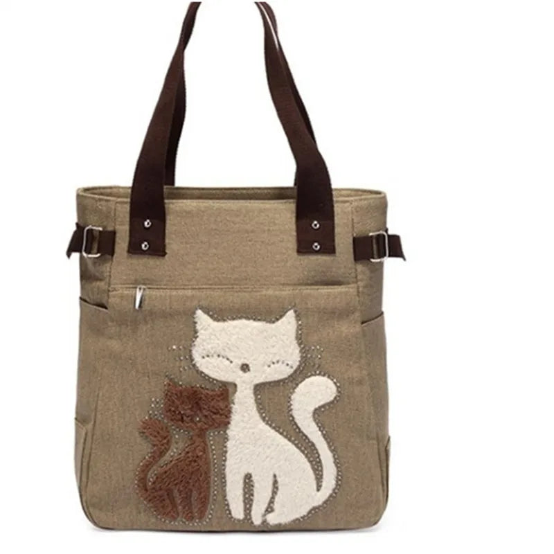 Cat Canvas Handbag For Girls Ladies Large Capacity Casual Bag