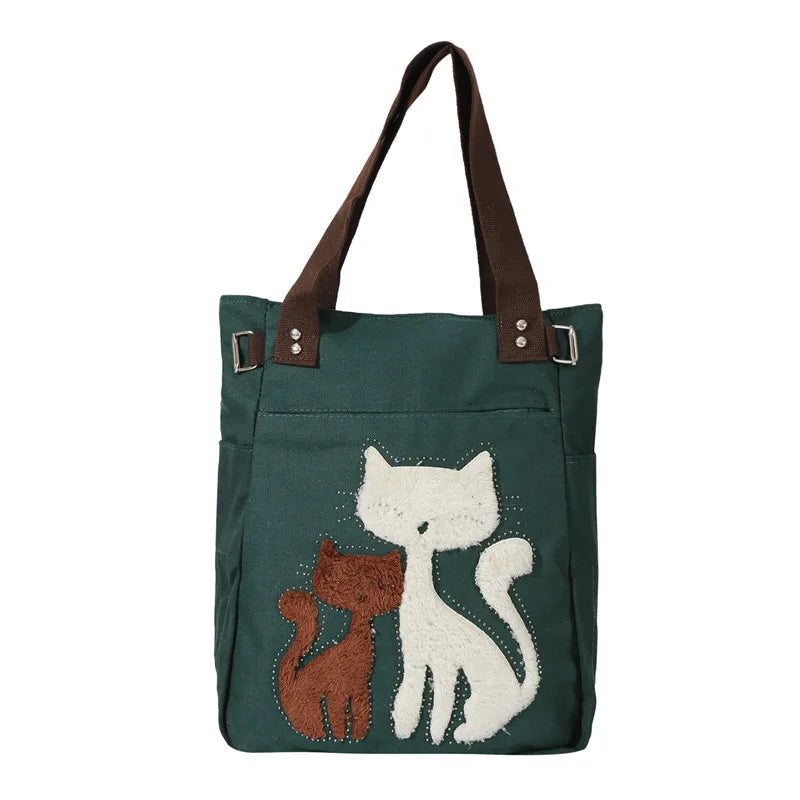 Cat Canvas Handbag For Girls Ladies Large Capacity Casual Bag