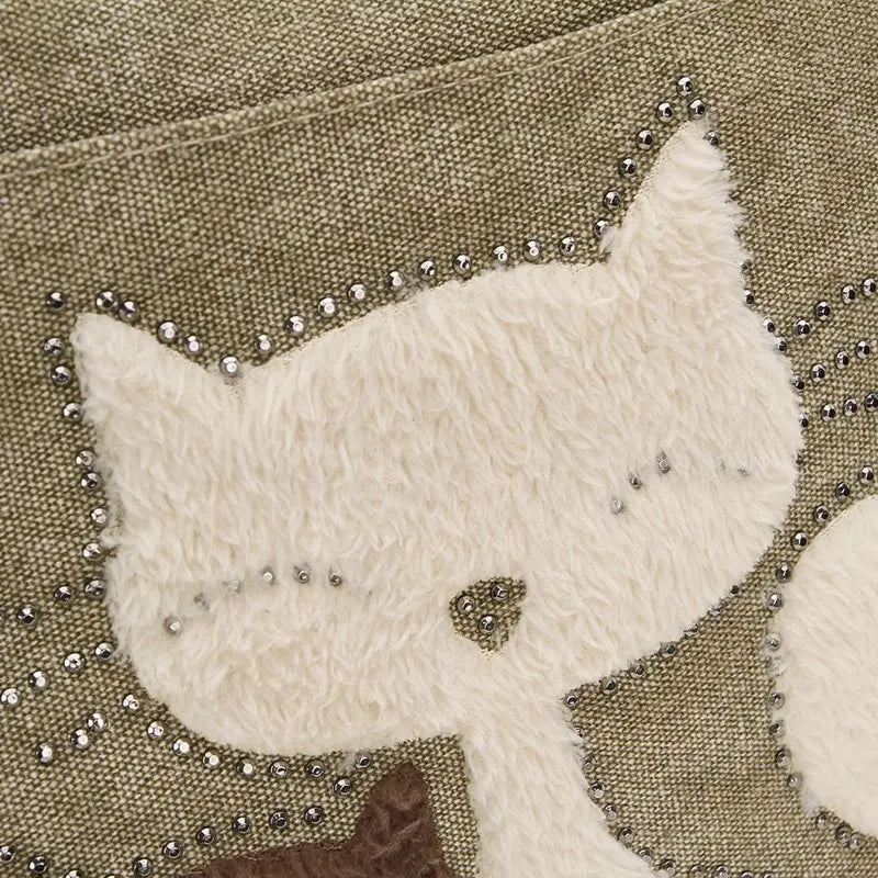 Cat Canvas Handbag Girls Ladies Large Capacity Zipper Shoulder Bag