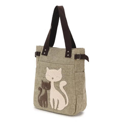 Cat Canvas Handbag Girls Ladies Large Capacity Zipper Shoulder Bag