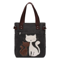 Cat Canvas Handbag Girls Ladies Large Capacity Zipper Shoulder Bag