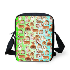 Dog Print Messenger Bag for Students Ladies Cross-body Satchel Handbag