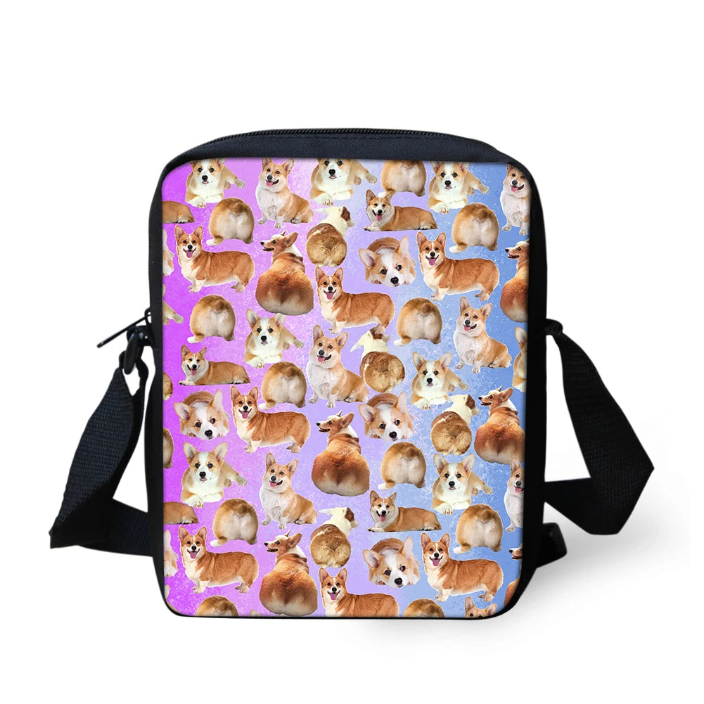 Dog Print Messenger Bag for Students Ladies Cross-body Satchel Handbag