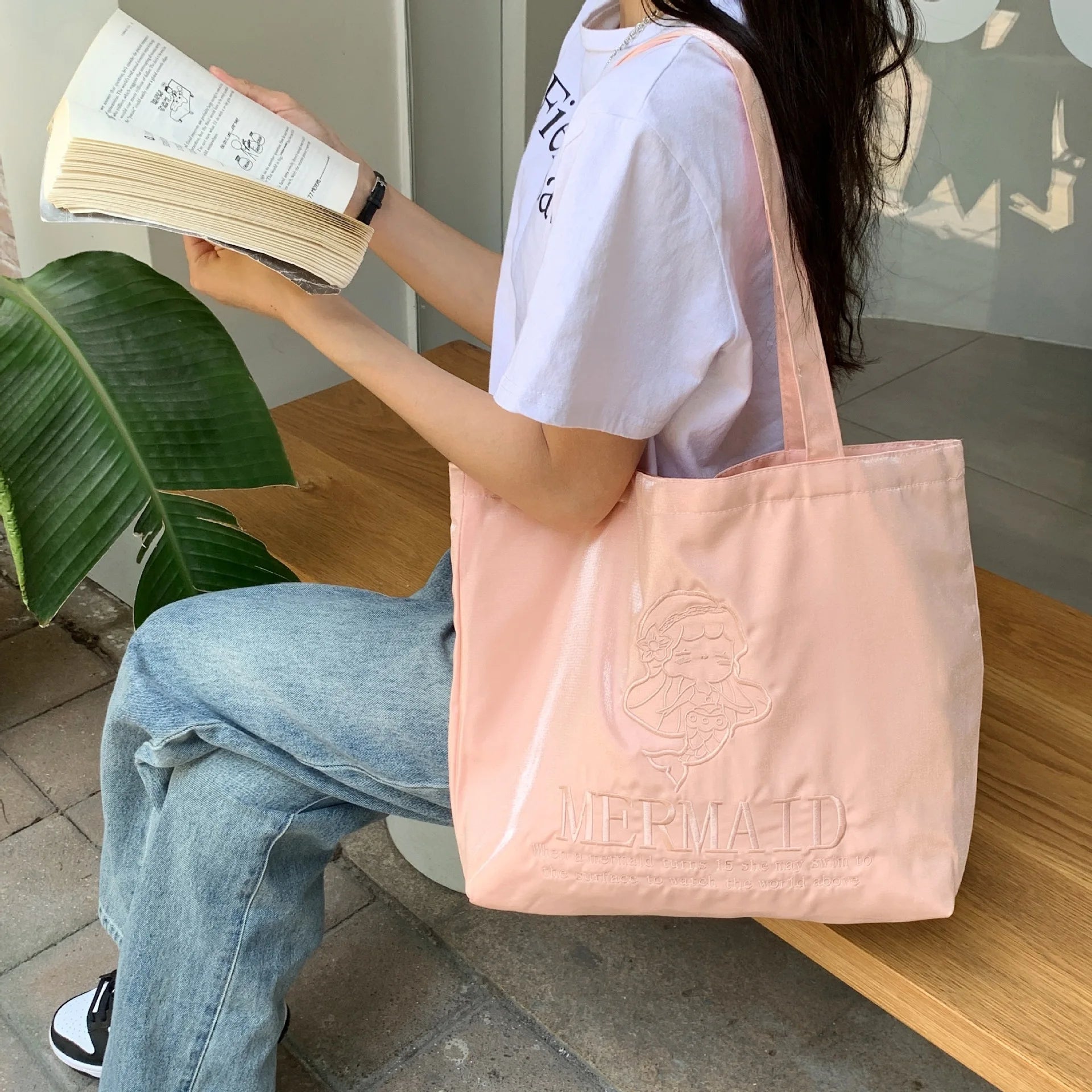 Embroidery Casual Tote Bags for Girls Large Capacity Canvas Shopper Bags