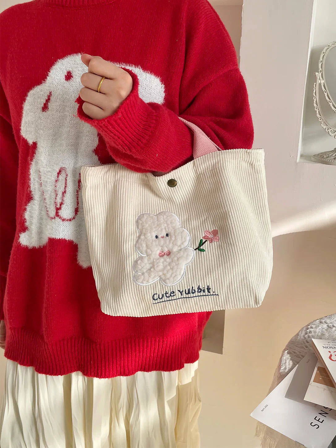 Embroidery Rabbit Women's Shoulder Bag Retro Corduroy Handbag