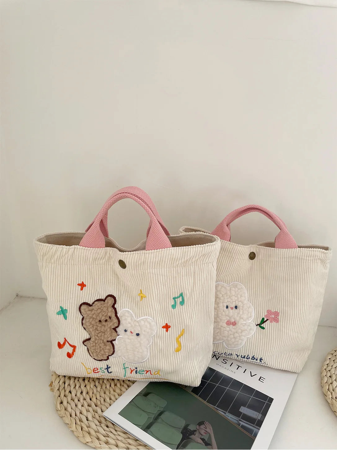 Embroidery Rabbit Women's Shoulder Bag Retro Corduroy Handbag