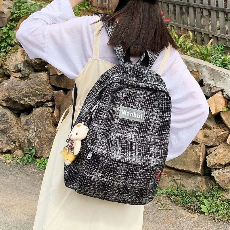 Girls Linen Plaid Stripes Backpack Junior School Student Casual Ruckpack