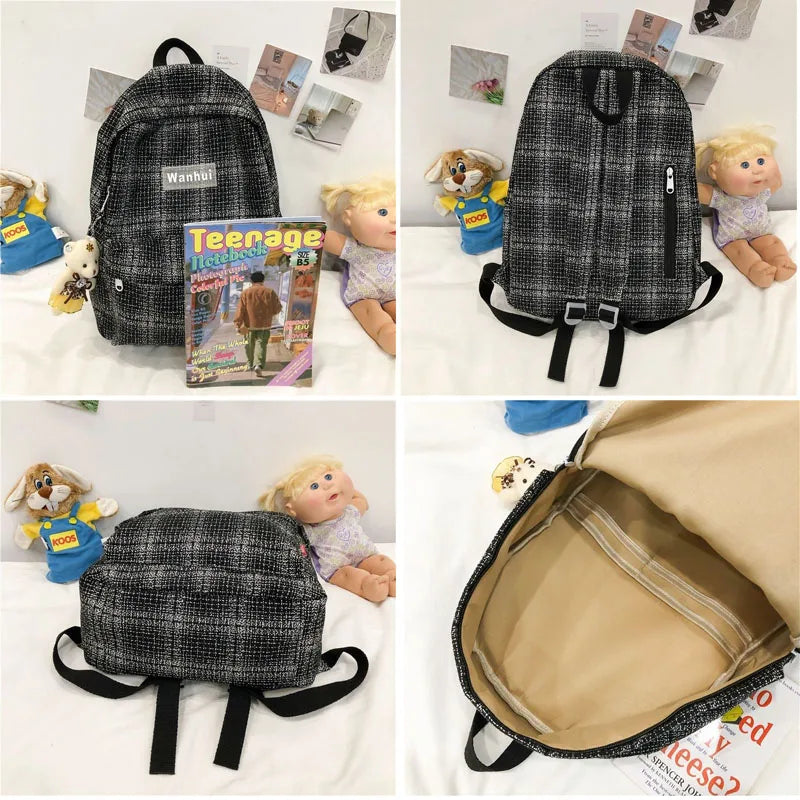 Girls Linen Plaid Stripes Backpack Junior School Student Casual Ruckpack