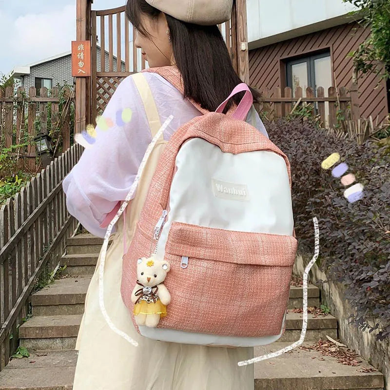 Girls Linen Plaid Stripes Backpack Junior School Student Casual Ruckpack