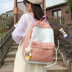 Girls Linen Plaid Stripes Backpack Junior School Student Casual Ruckpack