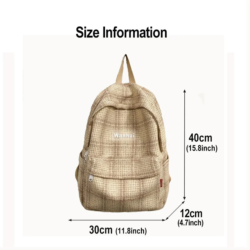 Girls Linen Plaid Stripes Backpack Junior School Student Casual Ruckpack