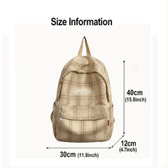 Girls Linen Plaid Stripes Backpack Junior School Student Casual Ruckpack