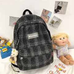 Girls Linen Plaid Stripes Backpack Junior School Student Casual Ruckpack