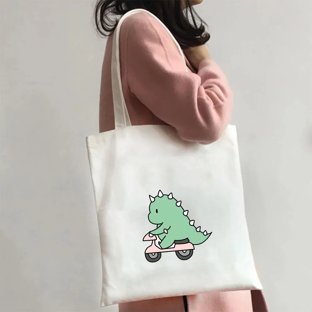 Green Dinosaur Cartoon Heart Canvas Shoulder Bag Harajuku Handbag Totes