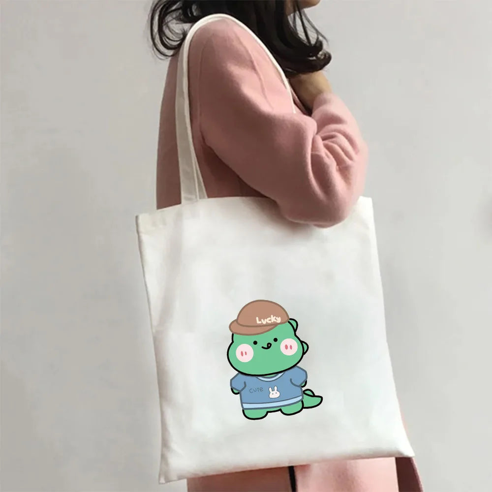 Green Dinosaur Cartoon Heart Canvas Shoulder Bag Harajuku Handbag Totes
