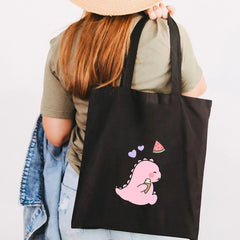Green Dinosaur Cartoon Heart Canvas Shoulder Bag Harajuku Handbag Totes