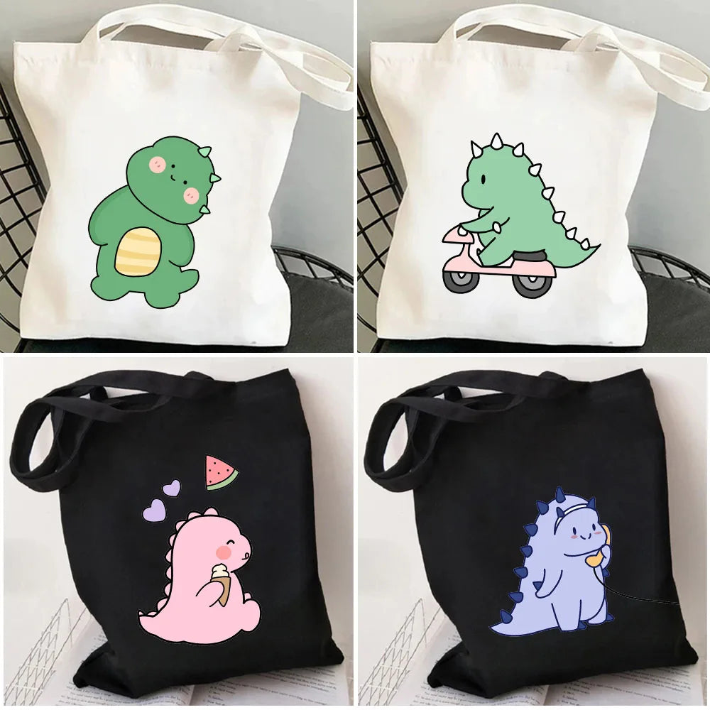 Green Dinosaur Cartoon Heart Canvas Shoulder Bag Harajuku Handbag Totes