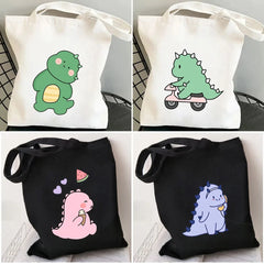 Green Dinosaur Cartoon Heart Canvas Shoulder Bag Harajuku Handbag Totes