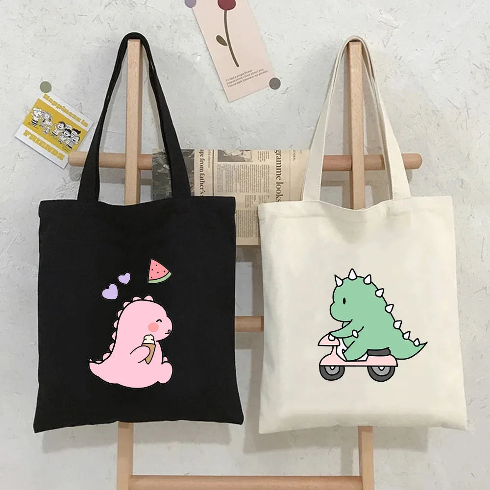 Green Dinosaur Cartoon Heart Canvas Shoulder Bag Harajuku Handbag Totes