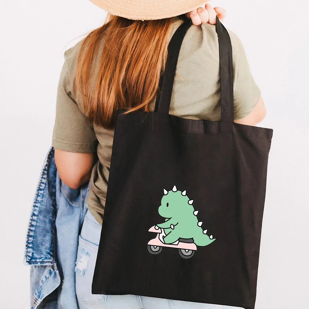 Green Dinosaur Cartoon Heart Canvas Shoulder Bag Harajuku Handbag Totes