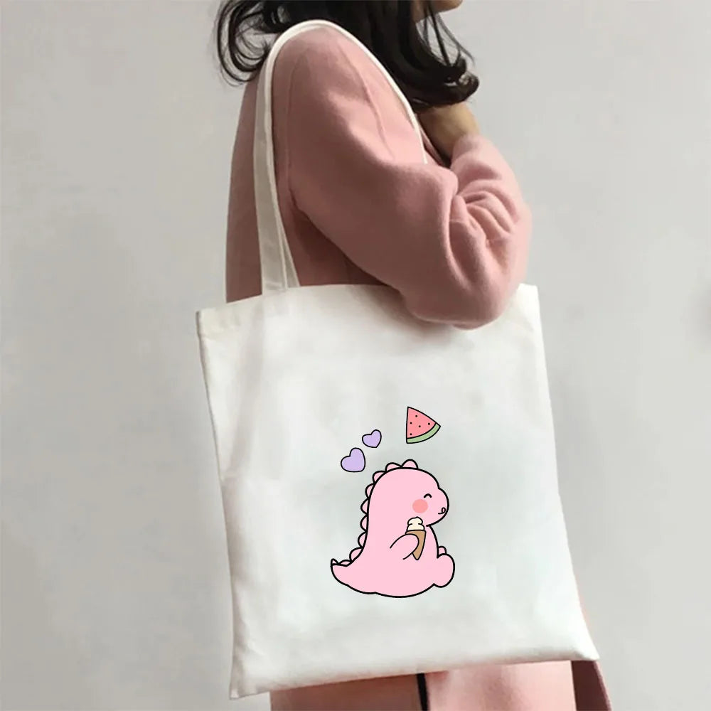 Green Dinosaur Cartoon Heart Canvas Shoulder Bag Harajuku Handbag Totes