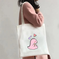 Green Dinosaur Cartoon Heart Canvas Shoulder Bag Harajuku Handbag Totes