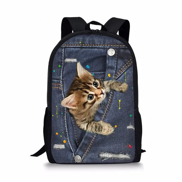Cute Puppy Pug Denim Cat School Bag for Girls