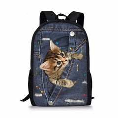 Cute Puppy Pug Denim Cat School Bag for Girls