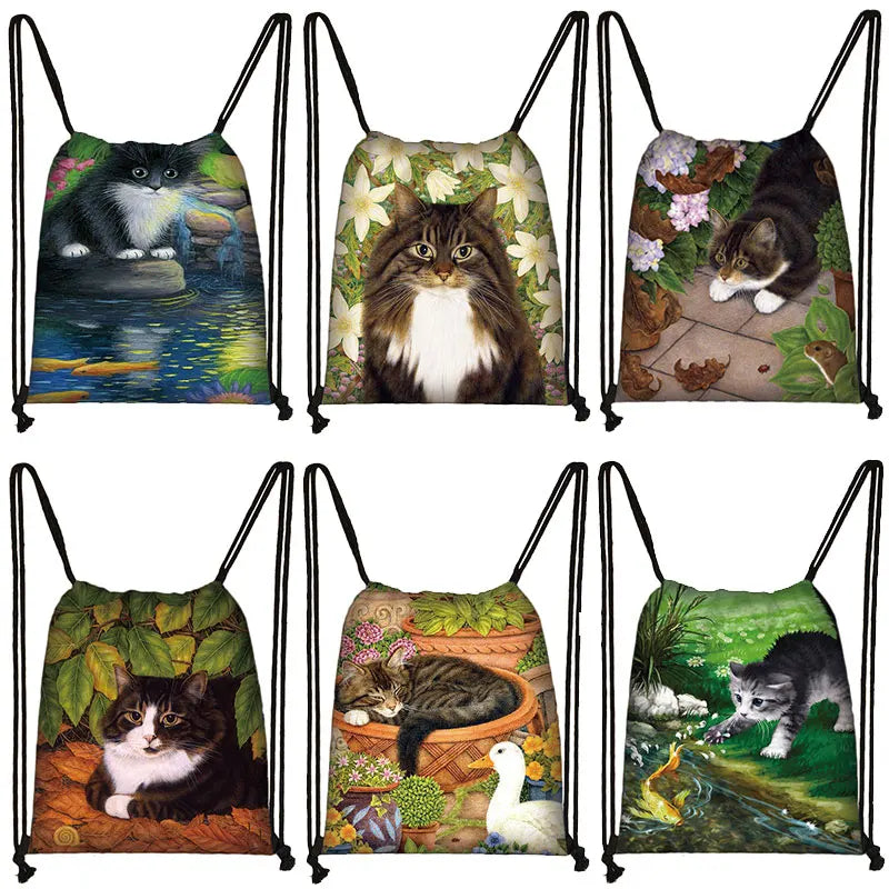 Shorthair Cat Drawstring Bag for Women - Portable Storage and Shopping Bag