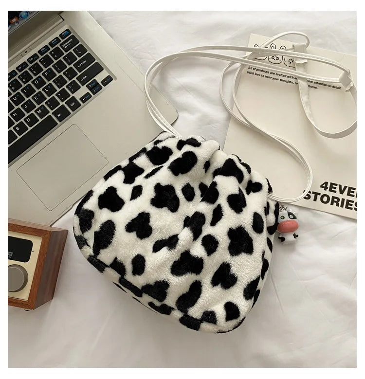Soft Plush Women Messenger Bag Cow Pattern Furry Purse Handbag