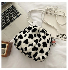 Soft Plush Women Messenger Bag Cow Pattern Furry Purse Handbag