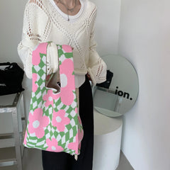 Women's Knitted Handbags Matching Flower Purse Tote Bags Large Capacity