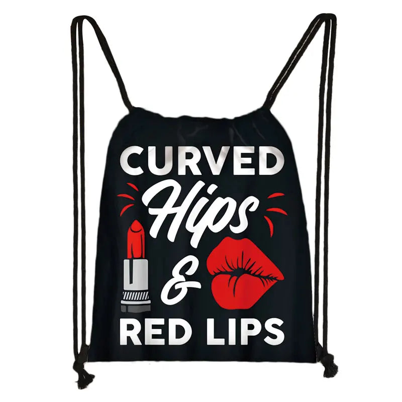 Makeup Print Drawstring Bag Cartoon Eye Shadow Lipstick Pattern Backpack