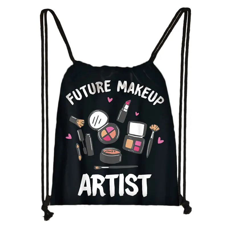 Makeup Print Drawstring Bag Cartoon Eye Shadow Lipstick Pattern Backpack
