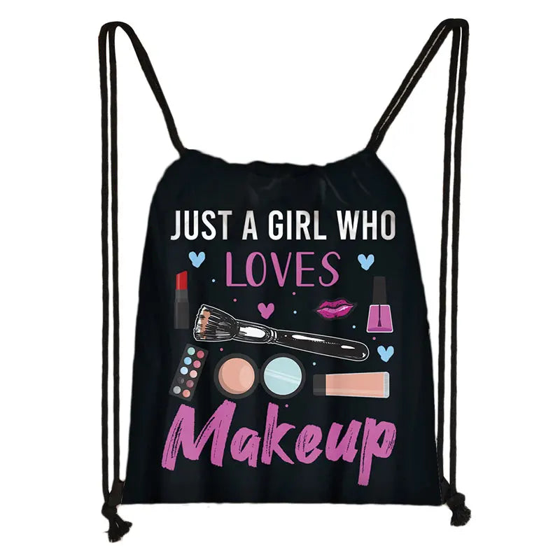 Makeup Print Drawstring Bag Cartoon Eye Shadow Lipstick Pattern Backpack