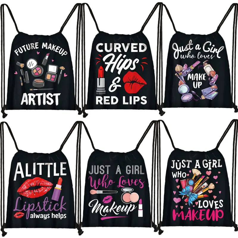 Makeup Print Drawstring Bag Cartoon Eye Shadow Lipstick Pattern Backpack