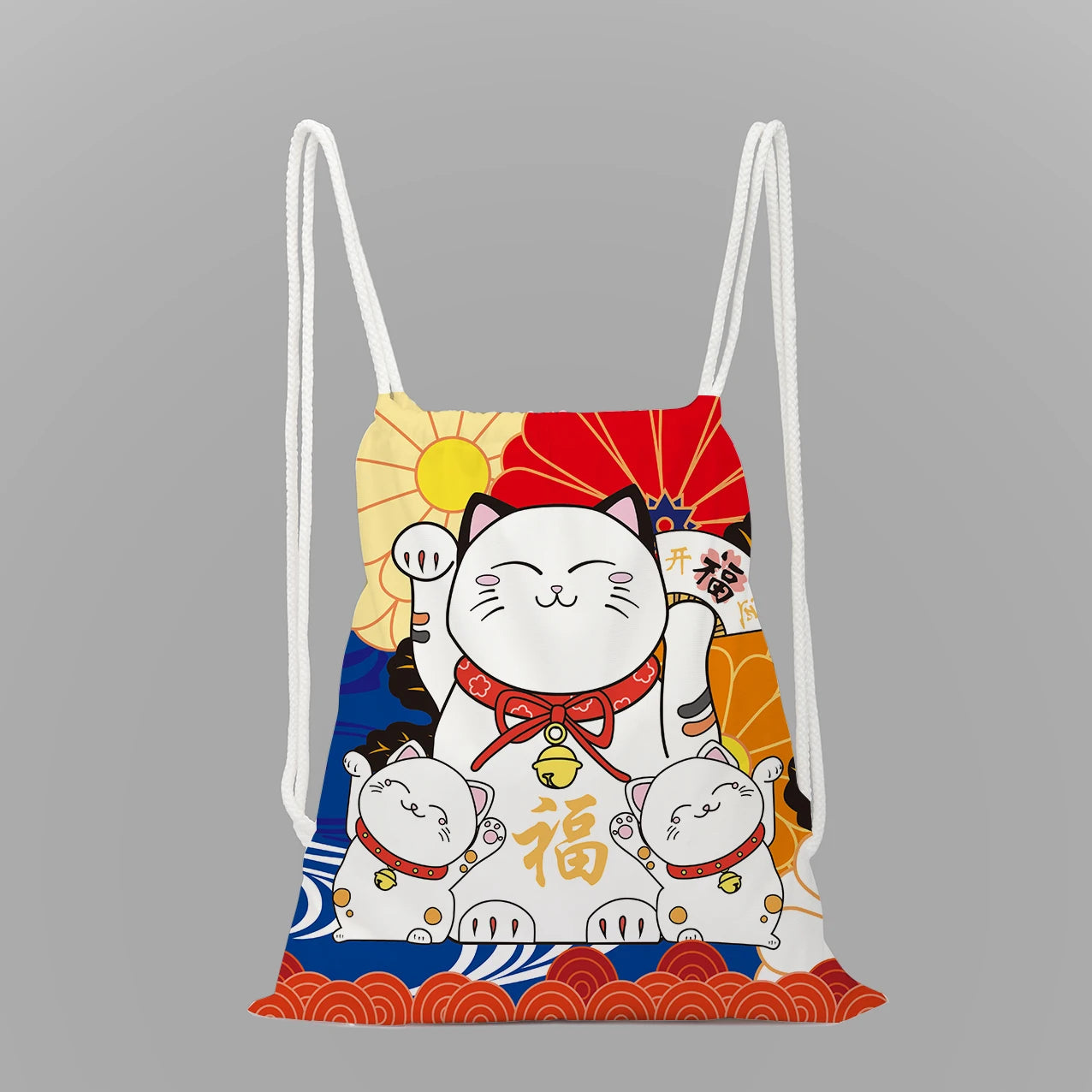 Lucky Cat Print School Backpack Girls Drawstring Bag String Bag