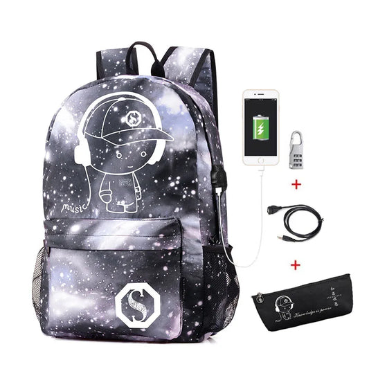 Luminous School Backpack Oxford Cartoon School Bag with USB Cable and Lock