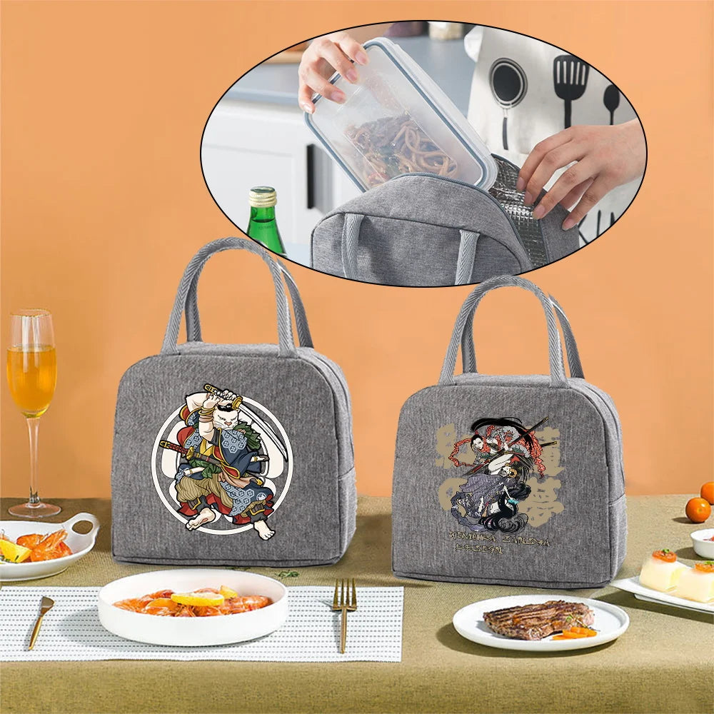Samurai Print Lunch Bag Insulated Thermal Organizer Canvas Tote