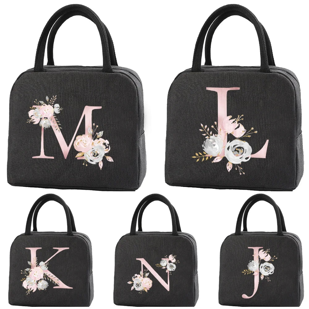 Pink Flower Letter Print Lunch Bag Cooler Tote Insulated Thermal Canvas