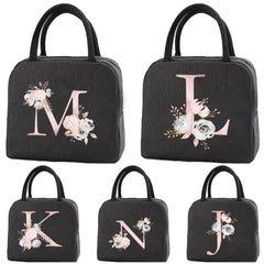 Pink Flower Letter Print Lunch Bag Cooler Tote Insulated Thermal Canvas