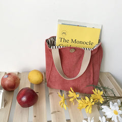 Corduroy Canvas Lunch Bag Picnic Tote Cotton Cloth Handbag