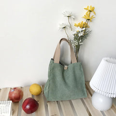 Corduroy Canvas Lunch Bag Picnic Tote Cotton Cloth Handbag