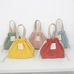 Corduroy Canvas Lunch Bag Drawstring Picnic Tote Eco Cotton Cloth Handbag