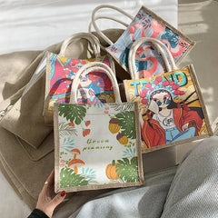 Cartoon Canvas Lunch Bag for Women, Portable Office Worker Tote HandBag