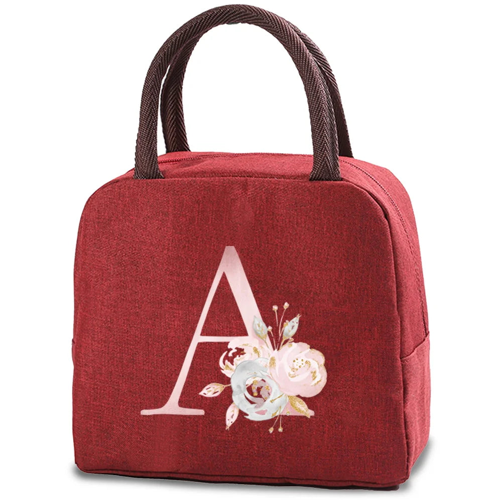 Insulated Picnic Carry Case Pink Flower Letter Print Lunch Bag