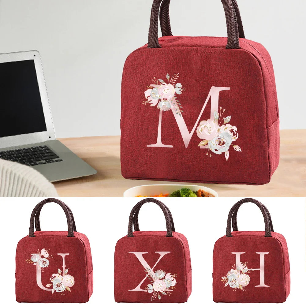 Insulated Picnic Carry Case Pink Flower Letter Print Lunch Bag