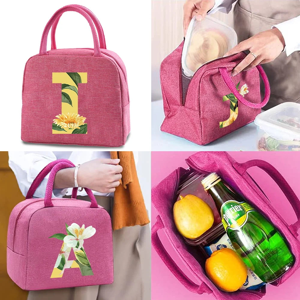 Floral Letter Print Insulated Canvas Cooler Bags Women